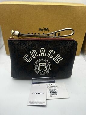 Coach Corner Zip Wristlet in Signature Canvas with Varsity Motif, NWT/Box